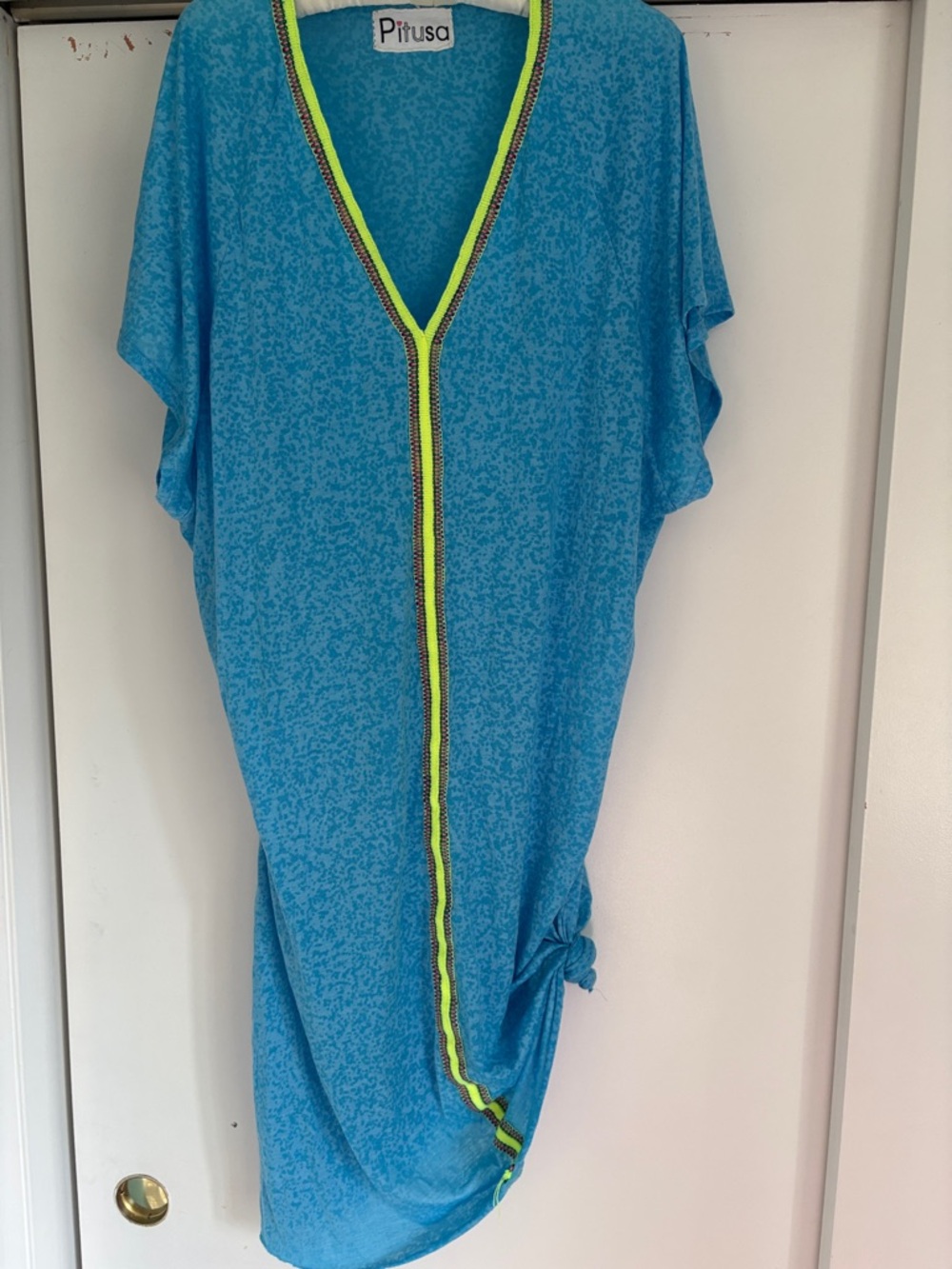 Pitusa caftan style Blue V-Neck Beach Coverup with Neon Yellow Trim